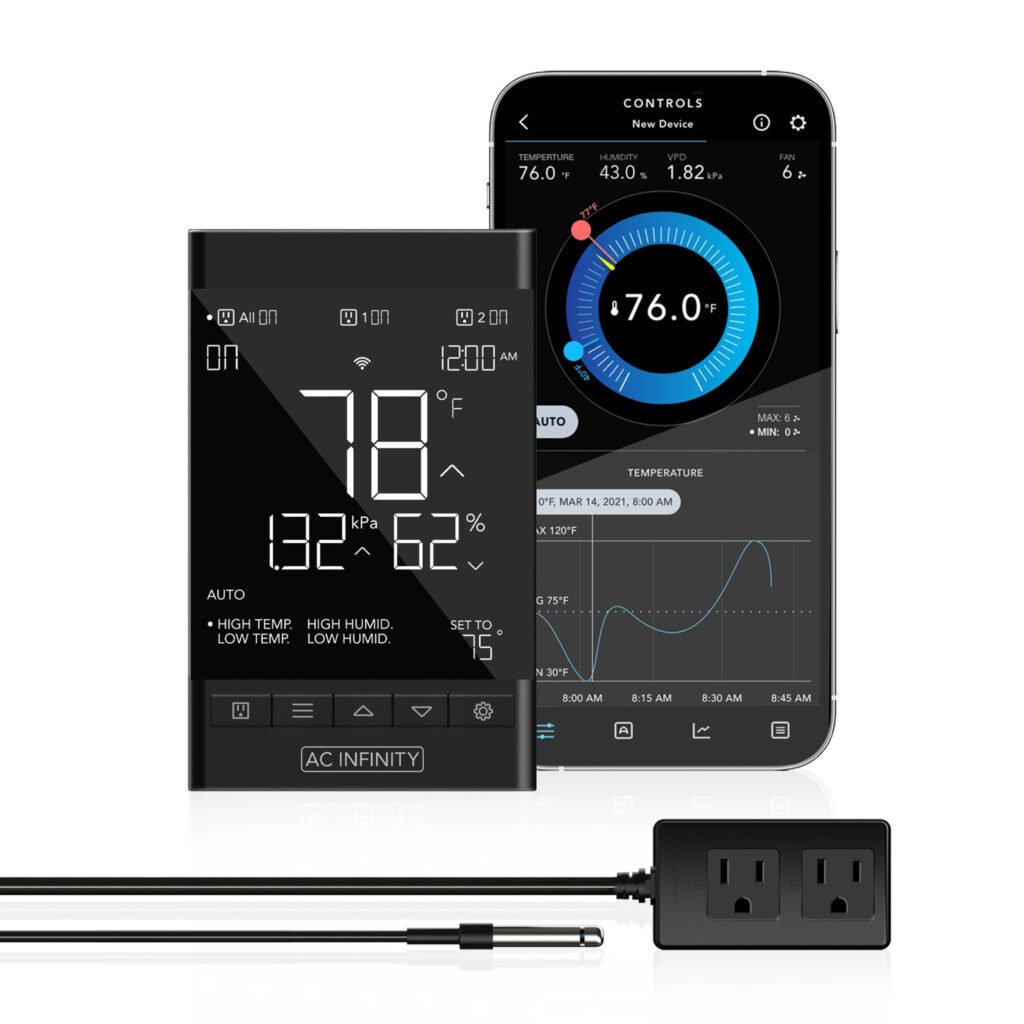 CONTROLLER 79 PRO, Programas independientes para dos dispositivos, VPD dinámico, Temperatura, Humedad, Programación, App de datos, Bluetooth + WiFi, Colgar en la pared